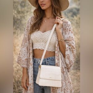 JW Pei Croc Embossed Mini Shoulder Bag Cream Vegan Leather Gold Hardware